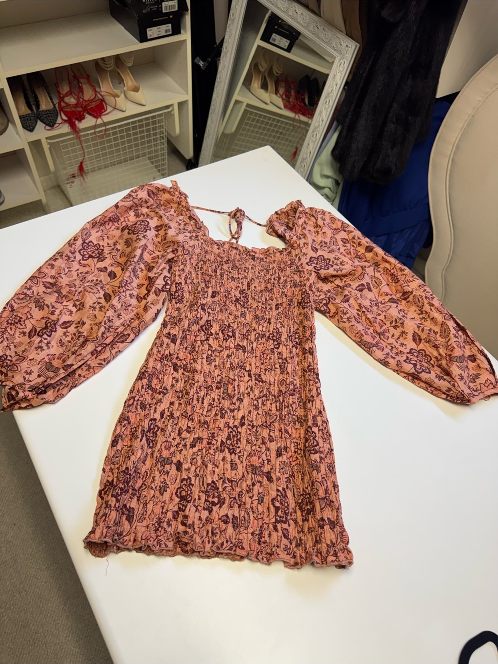 Free People — Pink Floral Smocked Dress with Puff Sleeves